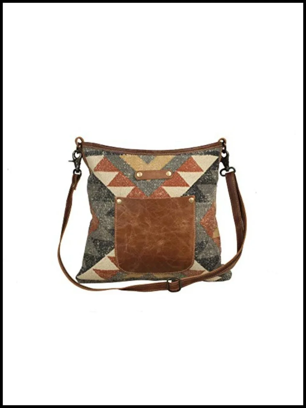 Canvas Western Shoulder Bag with Leather Strap - Geometric Pattern